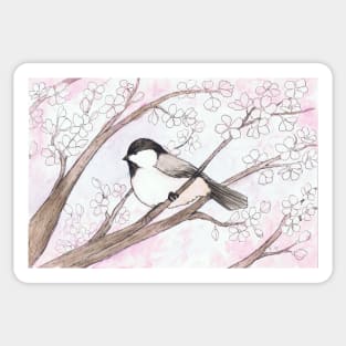 Chickadee in a Cherry Tree Watercolor Illustration Sticker